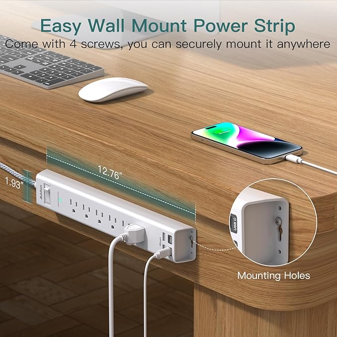 Addtam Power Strip Surge Protector - 2ft Short Extension Cord with 6 Outlets and 4 USB Ports (2 USB C), Ultra Flat Plug Wall Mount, Compact Charging Station for Travel Office Home
