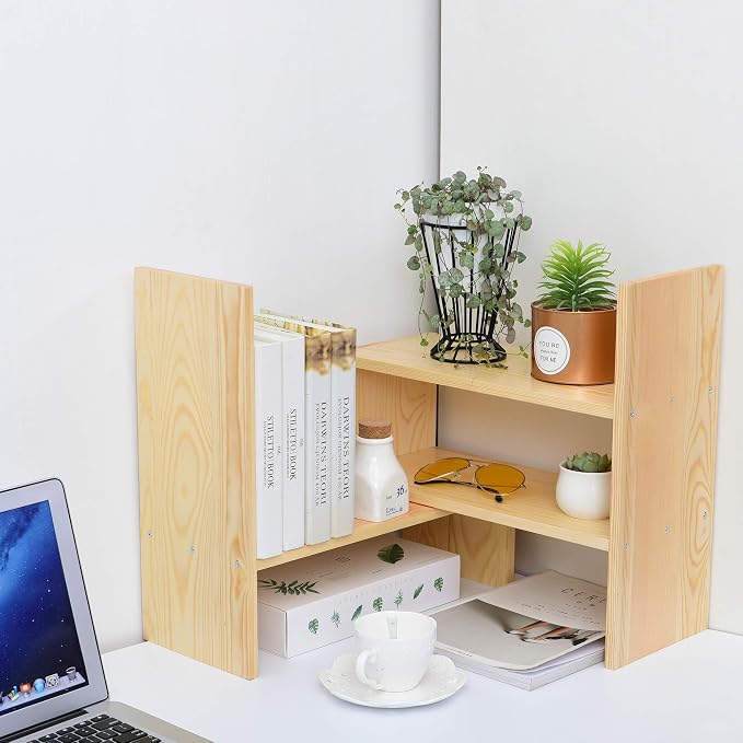 Liry Products Beige Adjustable Extendable Natural Wood Desktop Organizer Caddy Desk Organizer Countertop Shelf Bookcase Display Stand Rack Expandable Storage Office Home