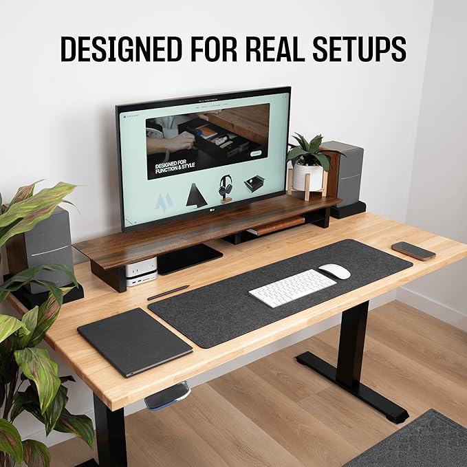 COREMINDED Solid Wood Dual Monitor Stand Riser – 42" Walnut Desk Shelf for 2 Monitors with Tray & Wool Felt, Organizer for Desktop, Laptop and Office (Walnut)