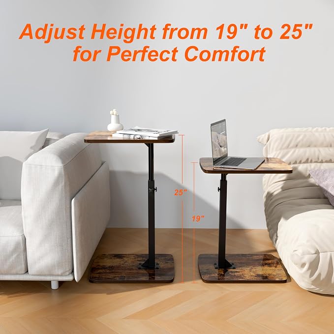 TV Tray Table for Small Spaces with 360° Swivel Tabletop & Height Adjustable,C Shaped Sofa Arm End Side Table, Bed Tray Stand for Eating Laptop,Living Room, Bedroom,Breakfast (Wood Base)