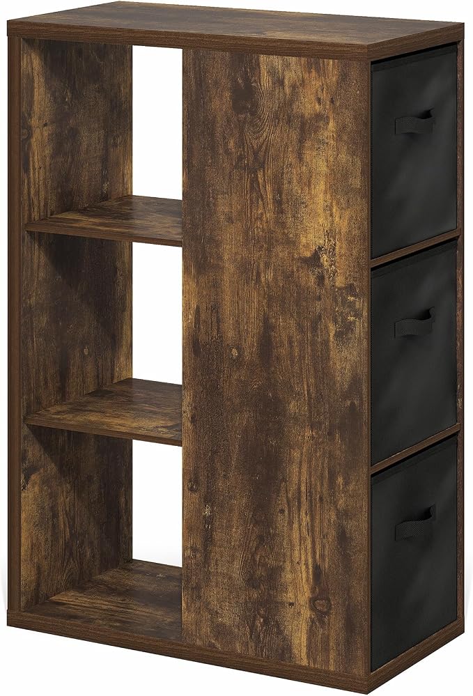 Furinno Viola Book Shelf, 3-Tier Bookshelf, Cube Storage Organizer Bookcase with Open Shelf, with Storage Bins, 13.6 x 29.3 x 43.8, for Living Room, Bedroom, Home Office, Amber Pine/Black