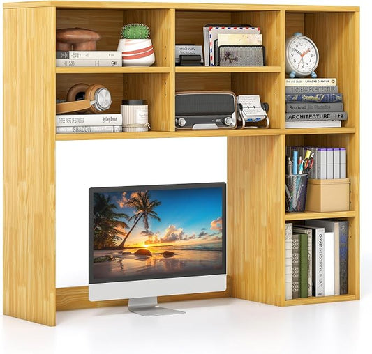 Giantex Desktop Bookshelf, Desk Hutch Dorm w/ 7 Cubes & 3 Adjustable Shelves, Desk Shelf for Up to 27" Computer Monitors, Wooden Desktop Storage Organizer for Dorm College Office Home (Burlywood)