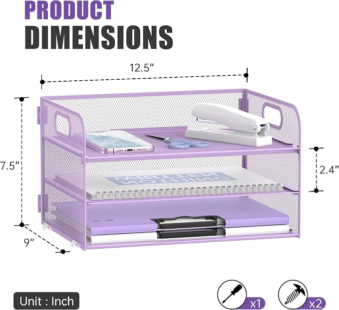 DALTACK 3 Tier Paper Organizer with Handle, Mesh Metal Desk Organizer with Sliding Paper Trays for Letter/A4 Paper, Mail, Bills & Folders, Purple