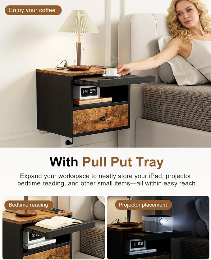 Floating Nightstand with Charging Station,Modern Bedside Table with Drawers and Extension Panel, Small Wall Mounted Nightstands for Bedroom Room，Floating Sofa Side Table（ Rustic Brown