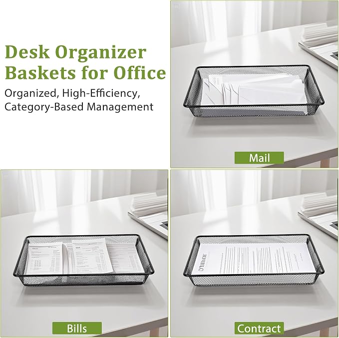 Office Metal Mesh Basket for Desk, Single Paper Tray Organizer, Turn in Trays Classroom, Flat Mail Letter Storage Basket for Office Home Drawers School, Black (1 Pack)