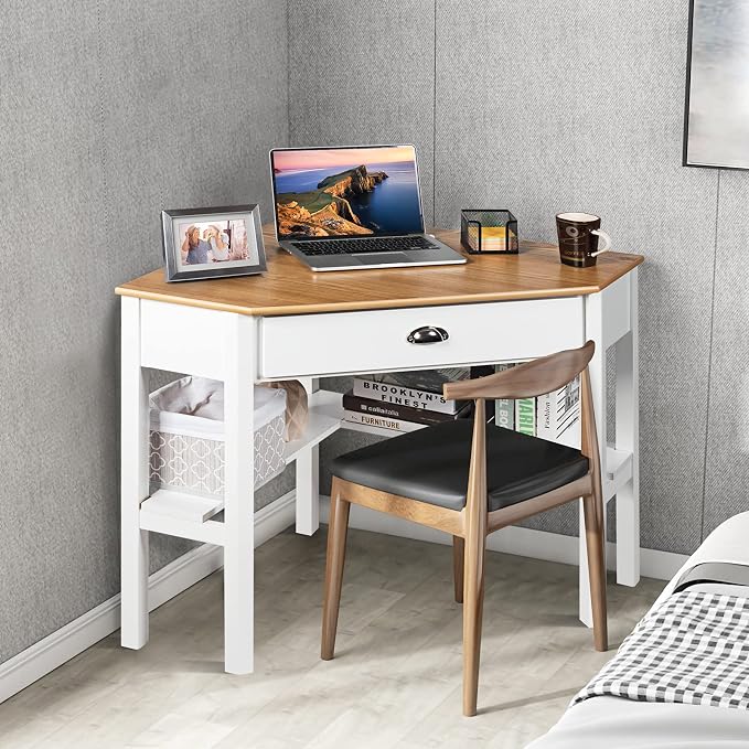 Corner Computer Desk, Space-Saving Corner Table with Drawer & Shelves, Home Office 90° Triangle Corner Workstation, Modern Makeup Vanity Table, Corner Desk for Small Spaces (Natural & White)