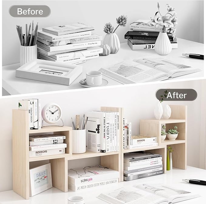 Jerry & Maggie Desktop Organizer Office Storage Rack Adjustable Wood Display Shelf Birthday Gifts Toy Home Decor Free Style Rotation Display True Natural Stand Shelf (White Wood Tone/2 Pack)