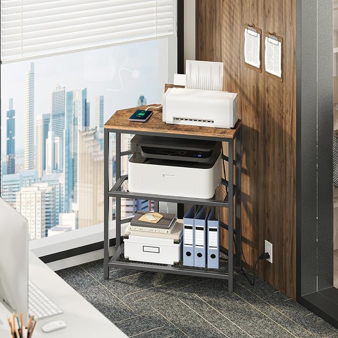 MAHANCRIS Corner Printer Stand with Charging Station, 3-Tier Large Printer Table with Adjustable Feet, Metal Frame Storage Shelf for Office, Living Room, Small Space, Rustic Brown PTHR14E01