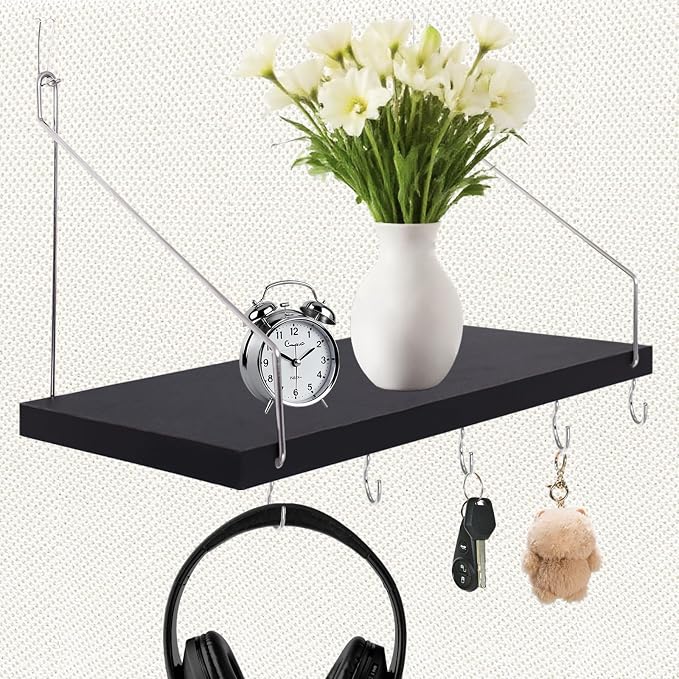 1-Pack Cubicle Shelf For Fabric Walls With Hooks：12x6.0in Black Wooden Cubicle Shelf Hanging Organizer Silver shelves Accessories Office Stylish Ations cubical Decorations For Women Desk work storage