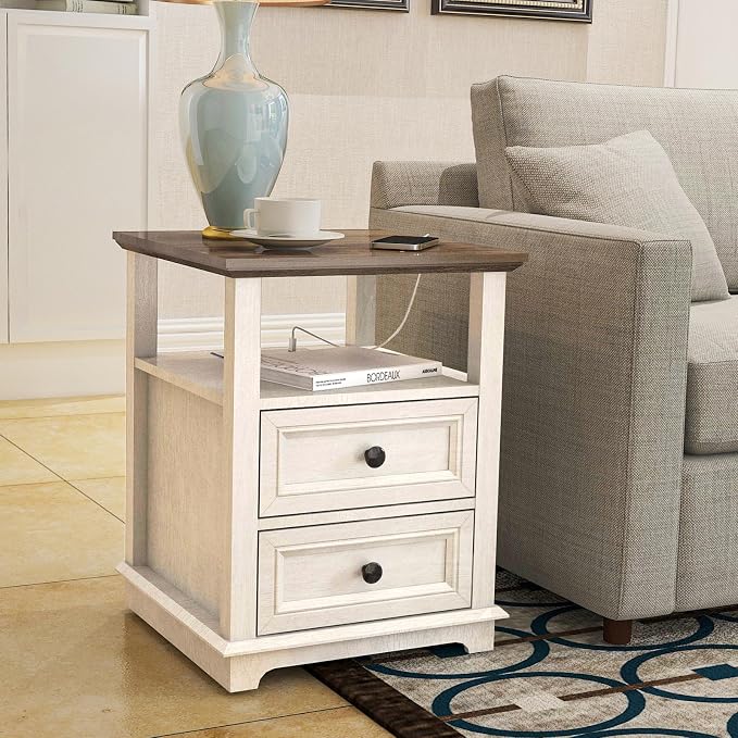 REDAYFUR 18" Wide End Table with Fast Charging Station Set of 2, 18” Wide Sofa End Table with Drawers,Storage Rustic Wood Storage Cabinet,Sofa Table for Living Room,White