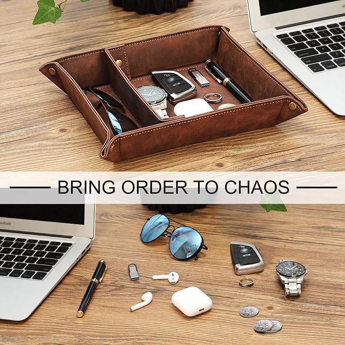 SITHON Valet Tray Desktop Storage Organizer, Removable 2 Compartments Catchall Tray Bedside Vanity Nightstand Caddy Holder Desk Storage Plate, Graduation, Brown
