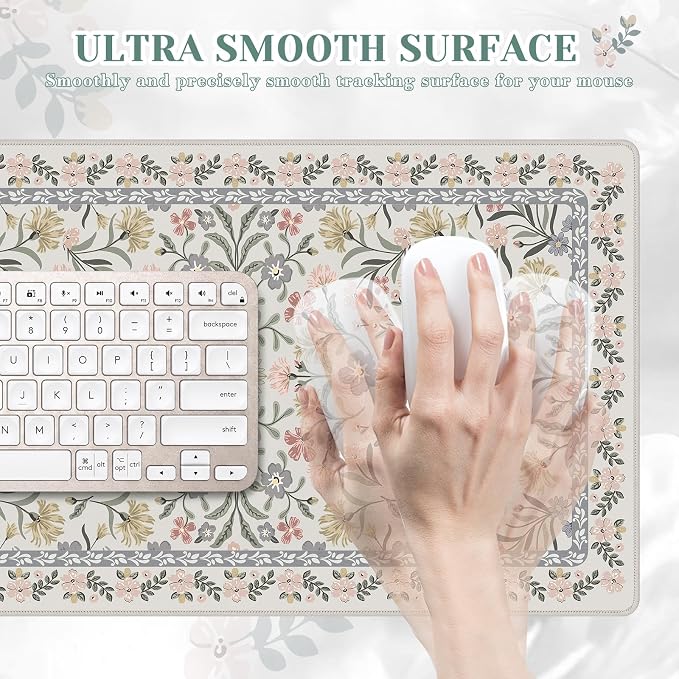 iCasso Aesthetic Flower Mouse pad for Laptop, Desk Pad Mat, Desk Matt for Desktop 13.7"x23.6", Anti-Slip Mousepad with Stitched Edges for Laptop Computer Keyboard(Gray Floral)