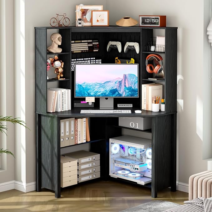 Corner Desk with Shelves-&LED Reading Light,Triangle Home Office Desk w/Charging Station for Work & Study,File Cabinet Storage Bookshelf for Small Space （Black）