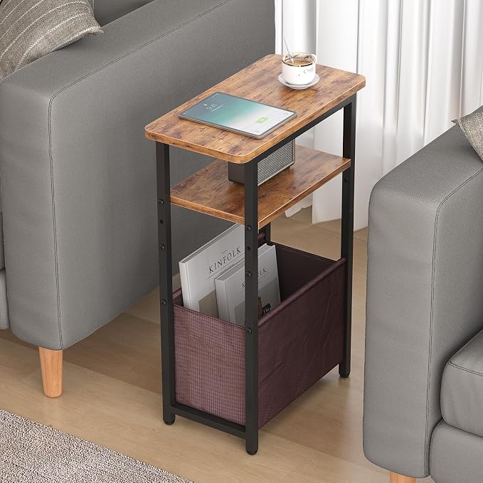 sthmec Narrow Side Table, Skinny End Tables with Fabric Basket, Small Side Tables for Small Space, 2-Tier Open Shelves with Basket, Slim Nightstands for Bedroom,Living Room,Office, Rustic Brown
