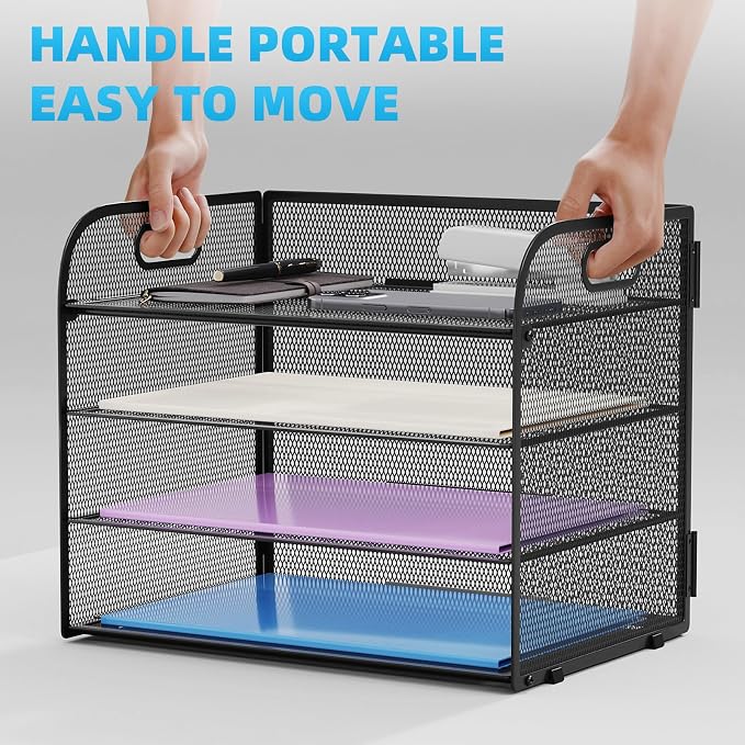 Marbrasse 4 Tier Paper Organizer Letter Tray - Mesh Desk File Organizer with Handle, Paper Sorter Organizer for Letter/A4 Office File Folder Holder (Black, 12.6" x 9.1" x 10.7")