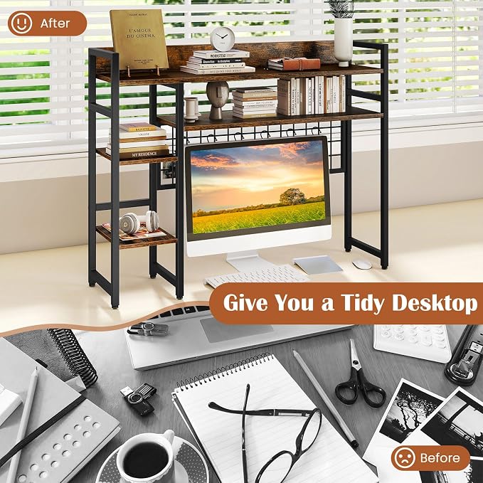 Giantex Desktop Bookshelf, 37" Desk Shelf for Up to 32" Computer Monitor, 4 Tier Desktop Display Shelves w/Grid Panel, 6 Movable Hooks, Anti-tip Device, Desk Hutch for Home Office Dorm (Rustic Brown)
