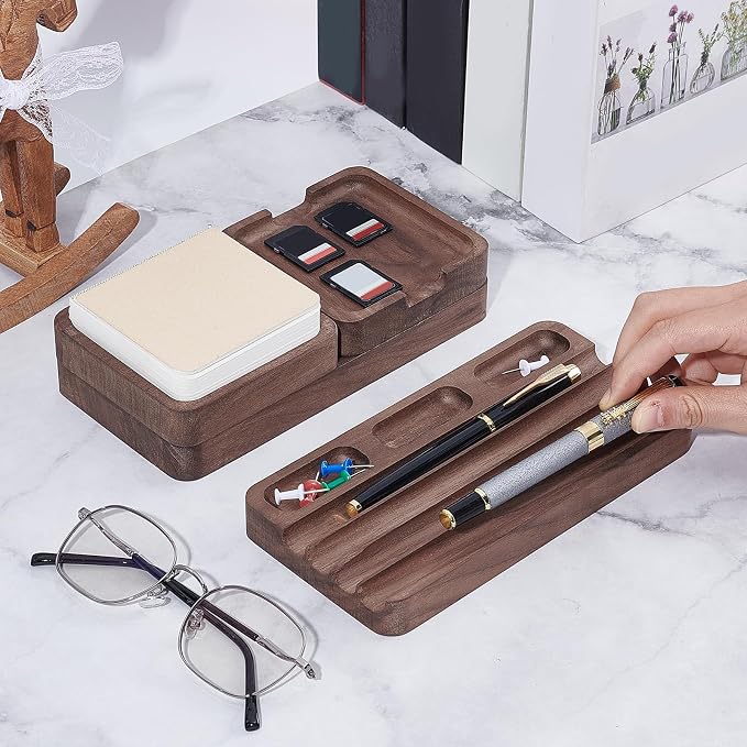 4Pcs Wooden Desk Organizer Tray with Pen Holder, Men Valet Tray | Walnut Wood Pencil Holder Minimalist Desk Accessories, Office Supplies, Stationery Pen Key Wallet Catchall Trays