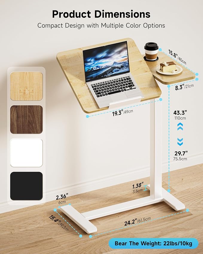 BZIUM Overbed Bedside Table with Hidden Wheels, Adjustable Medical Tilt Top Hospital Bed Table Over The Bed, Rolling Desk Mobile Standing Desk (27.6x15.8, Maple)