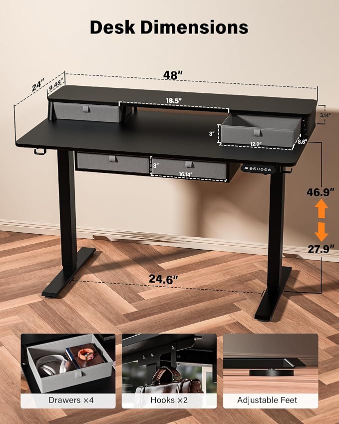 FiCiHi Electric Standing Desk with Four Drawers, 48 x 24 Inch Adjustable Height Sit Stand Desk, C-Clamp Compatible Home Office Desk with Storage Shelf &Monitor Stand Riser, Classical Black