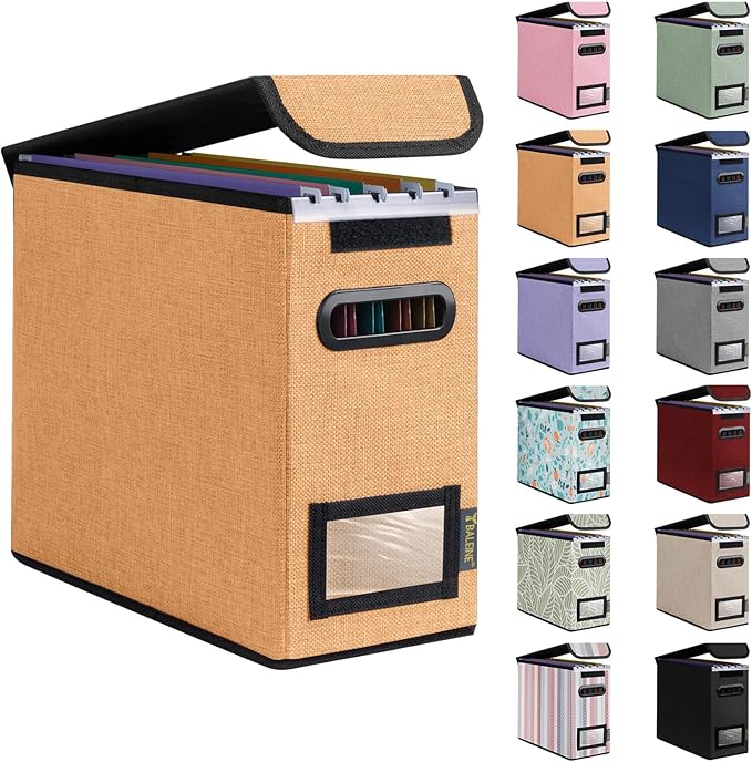 BALEINE File Organizer Box with Lid, Collapsible File Folder Organizer with Plastic Slide, Hanging File Folder Box for Office Document Storage (1 Pack, Orange, S)