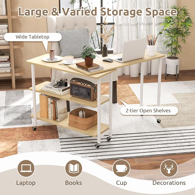Tangkula 360° Rotating Sofa Side Table, Patented Mobile End Table with 2-Tier Storage Shelves, Swivel Rolling Desk with 6 Lockable Wheels, Metal Frame, Movable Laptop Table Couch Snack Table for Home