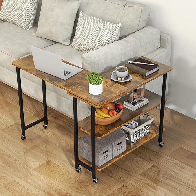 Tangkula 360° Rotating Sofa Side Table, Patented Mobile End Table with 2-Tier Storage Shelves, Swivel Rolling Desk with 6 Lockable Wheels, Metal Frame, Movable Laptop Table Couch Snack Table for Home