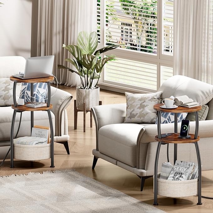 Side Table with Charging Station, Small Round End Table with Basket, USB and Type C Port, 3 Tiers Sofa Couch Table for Living Room Bedroom, Small Spaces, 11.81in Rustic Brown
