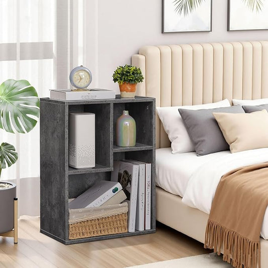 VECELO 15.7" Open Bookshelf, Waterproof Particle Board Asymmetrical Split Cubby Storage Organizer, Gray Uneven Compartment Display Cube for Tall Books, Bedroom Dorm Office