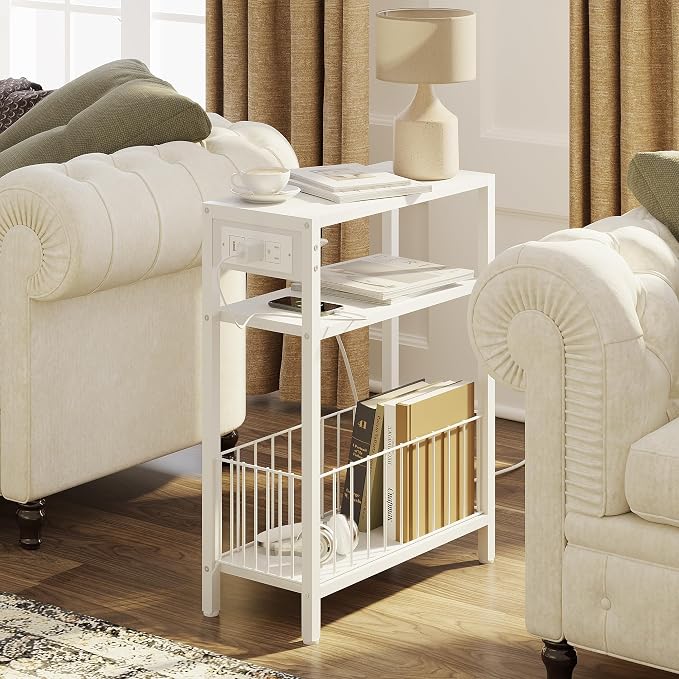 TRIFEBLE Narrow Side Table with Charging Station, Small End Table for Small Spaces, Slim Nightstand with Storage Basket, 3 Tier Skinny Bedside Table for Living Room, Bedroom, White