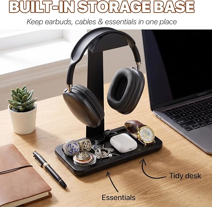 Gift for Men Headphone Stand with Storage Base, Stylish Headset Holder Gamer Gifts for Gaming & Desk to Keep Accessories Organized, Unique Gifts for Teenage Boy Brother on Birthday (Black Wood)