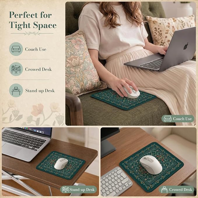iCasso Aesthetic Small Floral Mouse Pad, Mini Portable Travel Mousepad, Anti-Slip and Comfortable Cloth Mouse Mat 7.9"x9.5" with Stitched Edges for Computer, Laptop, Office, Home(Deep Green)