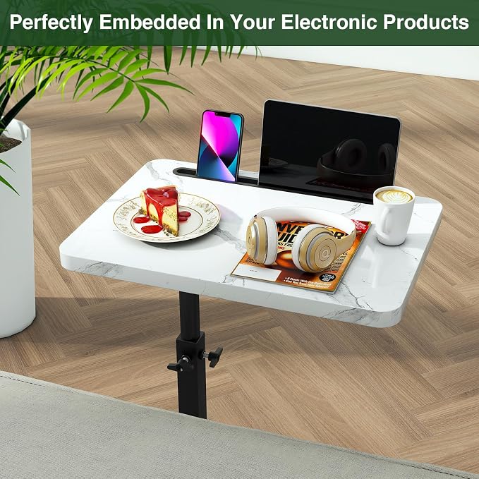 IBUYKE C Shaped Side Table, 360° Swivel Height Adjustable End Table for Small Spaces, with Phone & Tablet Slot, Modern Small Coffee Snack Table for Sofa/Bed, White with Black UTVT003BW