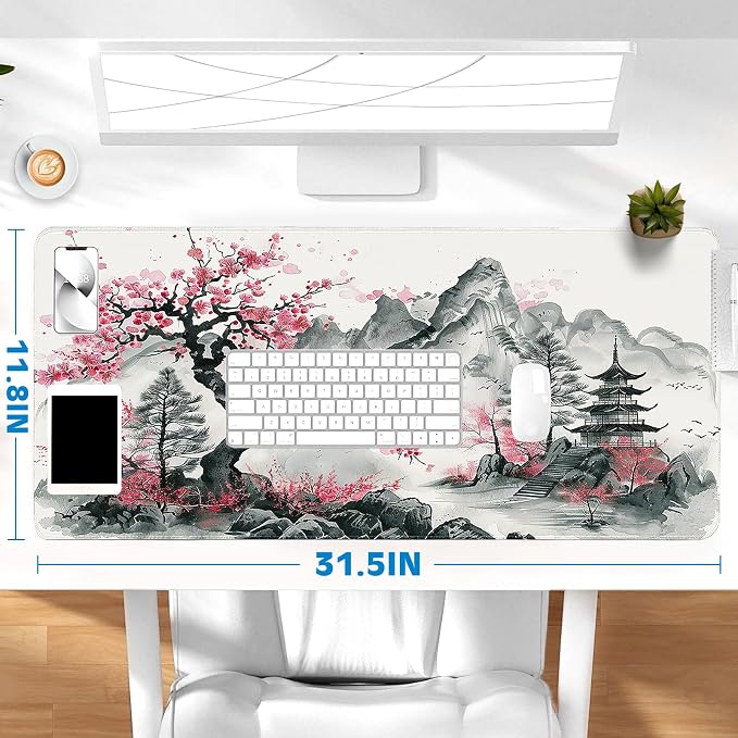 Gaming Desk Mat with Silky Smooth Surface & Exquisite Patterns,31.5x11.8 Inches Large-Sized Mouse Pad, Perfect for Extended Gaming,Work,and Home Office Decor (Japanese Ink Painting)