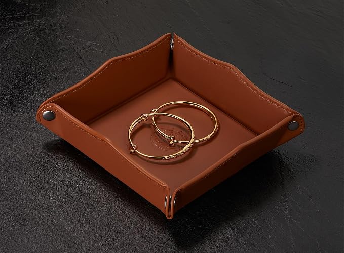 Jewelry Tray, PU Leather Catchall Tray for Keys, Wallet, Coins - Travel Valet Tray (Light Brown)