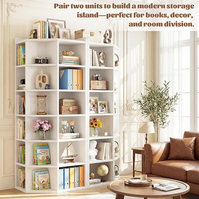 Aheaplus 7-Tier Wooden Corner Cube Bookshelf, Corner Storage Cabinet with 18 Cubes, Corner Cube Organizer Display Shelf with Top Table, Modern L Shaped Cubby Bookcase for Home Office, White