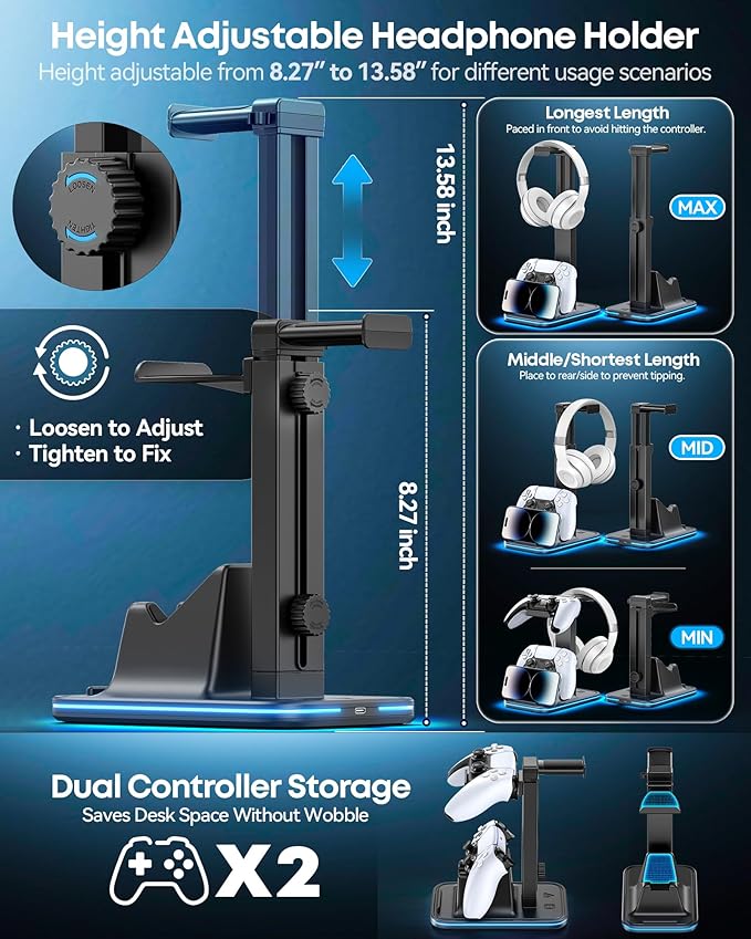 Gaming Headset & Controller Stand, Rotating Headphone Storage with 2 Controllers & Phone Holder, 9 RGB Modes Game Desk Storage for PS5/PS4/XBOX PC Gamer Essentials Organizer Gift Accessories