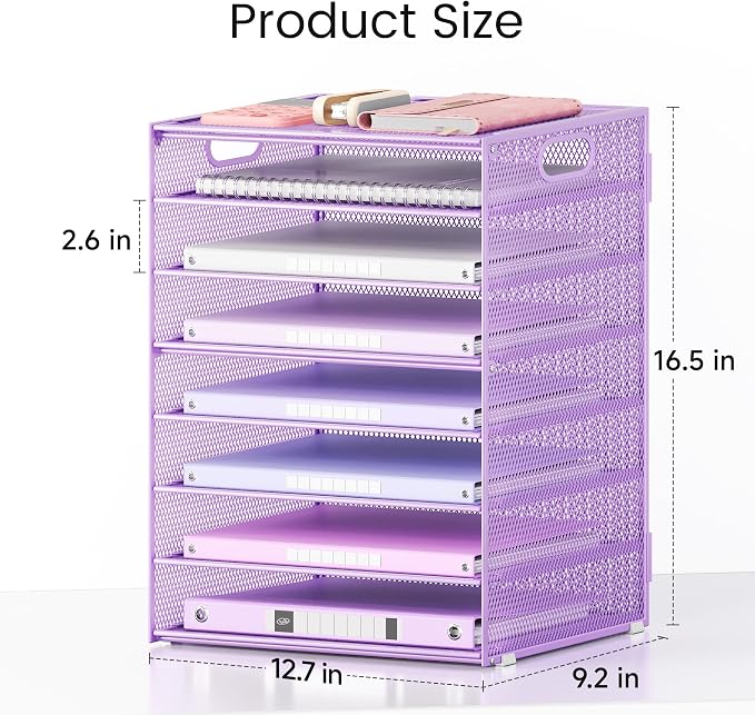 Lavatino 2 Pack 8-Tier Office Desk File Organizer, Letter Tray Paper Organizer with Handle, Including 5 Adjustable Slide Trays for Organizing Desk Workspace Accessories and Supplies (Purple Mesh)