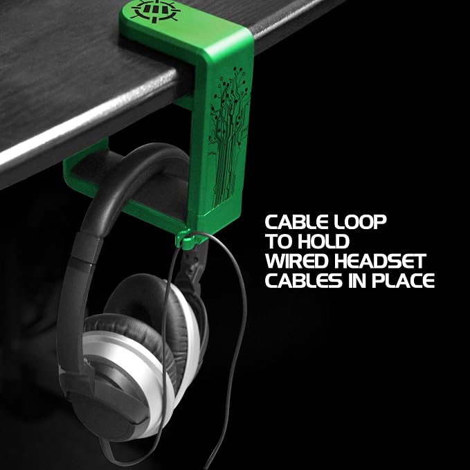ENHANCE PC Gaming Headphone Holder - Desk Headphone Hanger Esports Headset Holder with Adjustable 360 Rotation, Under Desk Hook Clamp, Universal Fit - Built in Cable Clip Organizer - Green