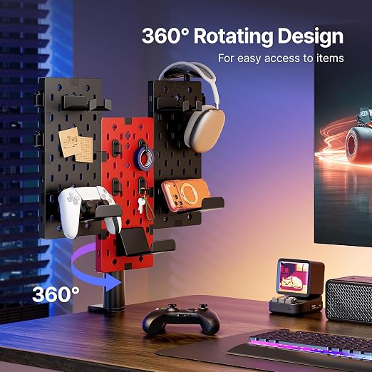 PEGZONE Modular Headphone and Controller Holder for Game, Clamp-on Pegboard, Rotatable Controller Stand with Cable Hooks, Gaming Accessory for Xbox PS5 PS4 Nintendo Switch, 3Pcs Pegboard, Red