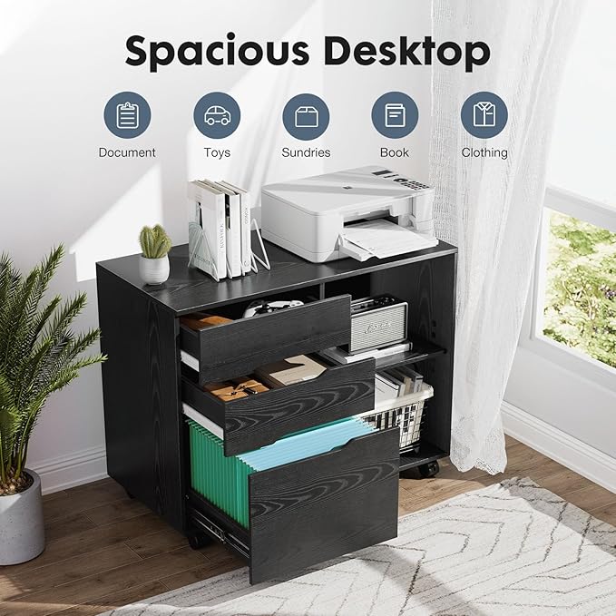 DUMOS Wood File Cabinet with 3 Drawers, Rolling Printer Stand | Under Desk Storage Organizer Home Office Space with Shelves for Files and Office Supplies, Rust
