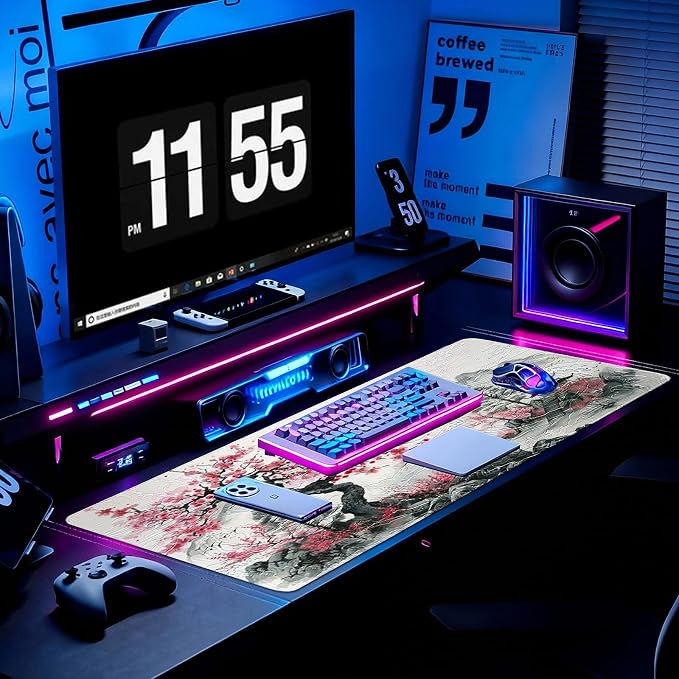 Gaming Desk Mat with Silky Smooth Surface & Exquisite Patterns,31.5x11.8 Inches Large-Sized Mouse Pad, Perfect for Extended Gaming,Work,and Home Office Decor (Japanese Ink Painting)