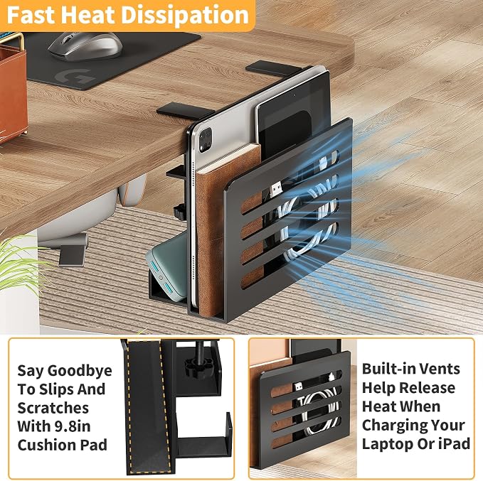 Space Saving Desk Side Storage No Drilling Under Desk Laptop Holder with Headphone Holder Cable Management Tray Carbon Steel Clamp Desk Storage Shelf Anti-Slip Magazine Holder for Home Office