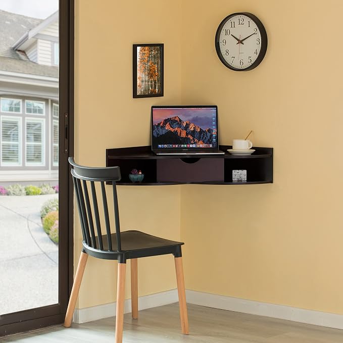 Basicwise Brown Heart Shaped Wall Mounted Office Table with Drawer and Two Shelves Computer Writing Corner Desk,QI004024.BK
