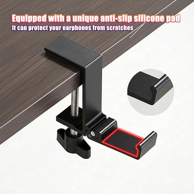 Foldable Under Desk Headphone Hanger, Aluminum Clamp-On Headset Stand, No Drill Anti-Scratch Mount, Heavy Duty 10KG Load Bearing Universal for Gaming Headset, Controller, Cable & Bag Organizer(Black)