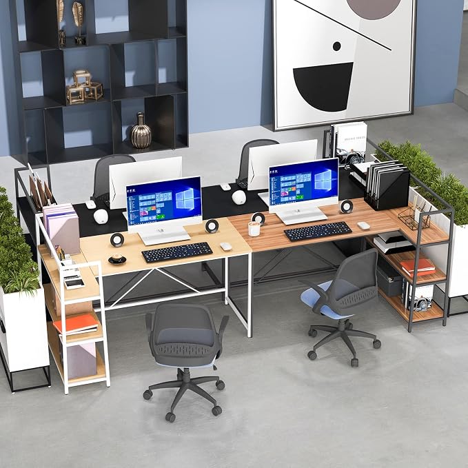 Tangkula Reversible L-Shaped Computer Desk, Space Saving Corner Desk with 3-Tier Storage Shelves & Metal Frame, Modern Executive Home Office Desk, PC Laptop Desk Workstation for Small Space (Black)