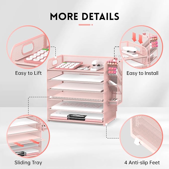 SUPEASY 6 Tier Desk Organizer with 4 Pen Holders, Mesh Paper Organizer Letter Tray with Handle, Desk Organizer Tray File Organizer for A4 File Folder, Rose Pink