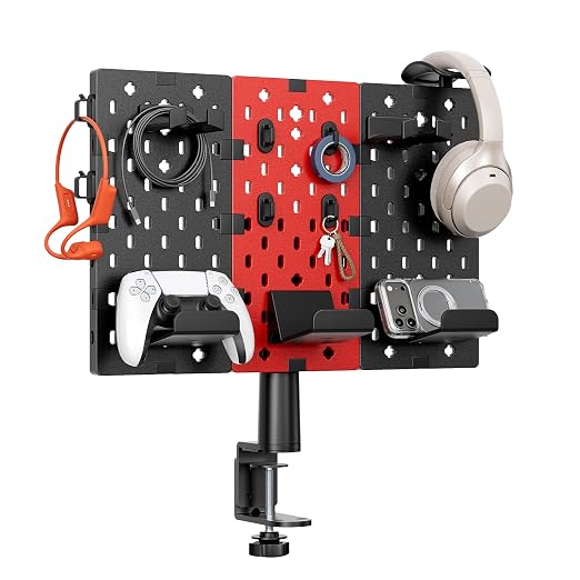 PEGZONE Modular Headphone and Controller Holder for Game, Clamp-on Pegboard, Rotatable Controller Stand with Cable Hooks, Gaming Accessory for Xbox PS5 PS4 Nintendo Switch, 3Pcs Pegboard, Red