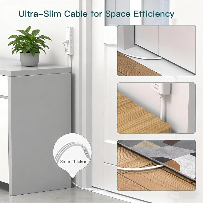 Addtam Flat Plug Extension Cord 20FT, Power Strip Surge Protector with 12 Outlets, 3-Side Wide Spaced Outlet Extender, Wall Mount Desk Charging Station for Home Office Garage Workshop, White