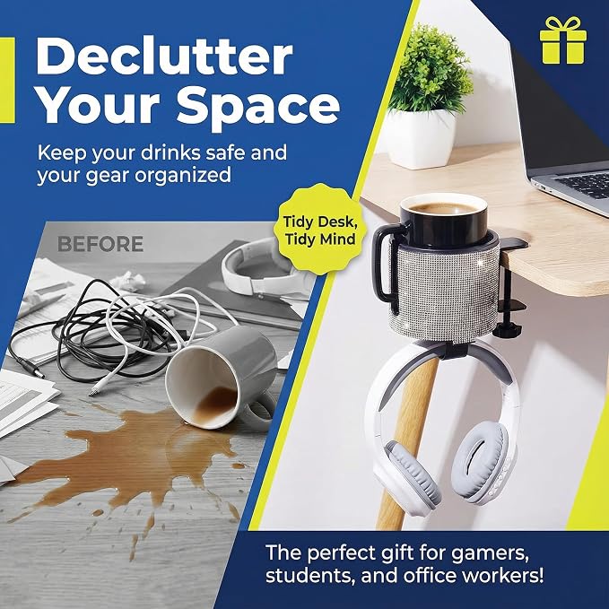 Luxury 2-in-1 Desk Cup Holder with Headphone Hanger for Office, Home, Gaming(Bling Bling)