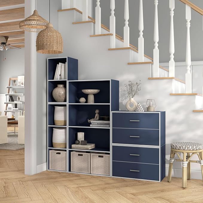 Homes: Inside + Out Apexa 3-Cube Storage Organizer Shelves, Stackable Wood Bookcase Fits Cubby Bins for Organization, Dorm Teen Room Decor & Home Office, Steel Blue